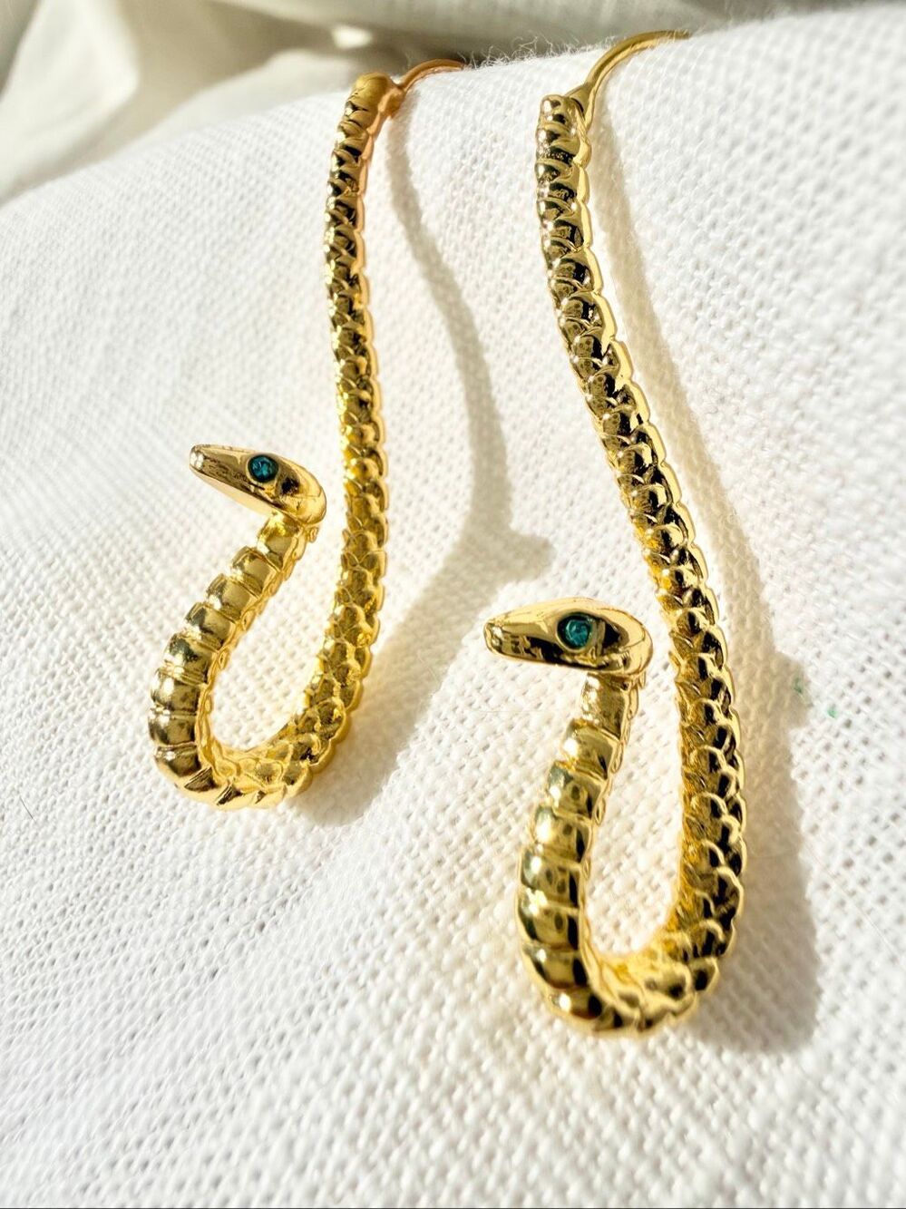Gold Snake Serpent Statement Hoop Earrings Green Eyes Egyptian Style